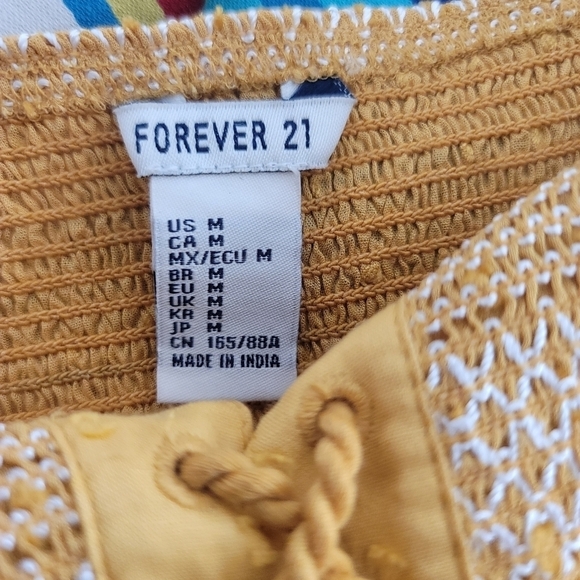 Forever 21 Yellow Embroidered Puff Sleeve Smocked Tie Front Crop Top Shirt - Picture 3 of 8